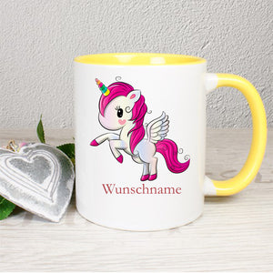 Einhorn - weiße Tasse nnen gelb und gelber Henkel beidseitig bedruckt und personalisiert mit Name
