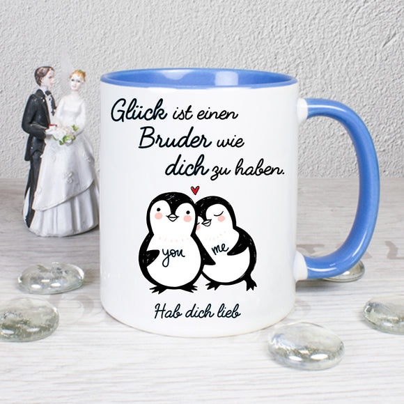 Tasse Weiß/Blau bedruckt mit Motiv Glück ist einen Bruder wie dich zu haben + Pinguine + Hab dich lieb