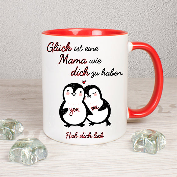 Tasse Weiß/Rot bedruckt mit Motiv Glück ist eine Schwester wie dich zu haben + Pinguine + Hab dich lieb