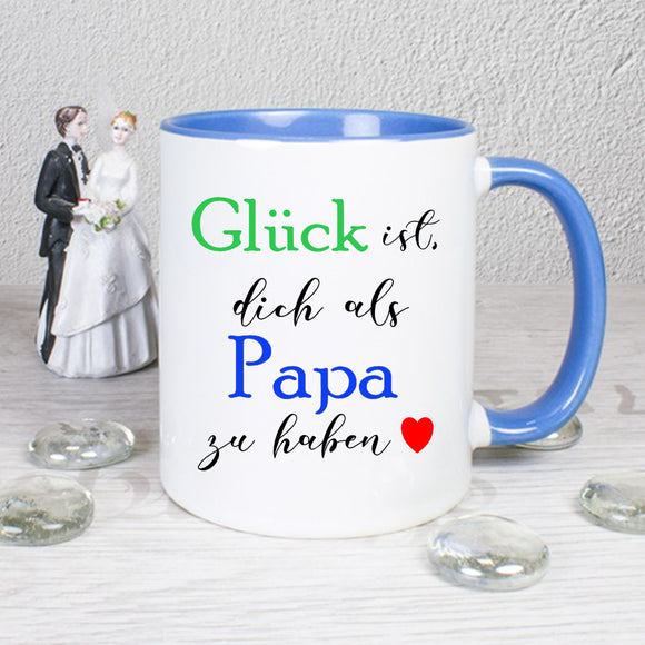 Glück ist dich als Papa zu haben beidseitig bedruckte Tasse weiße Tasse innen blau und baluer Henkel