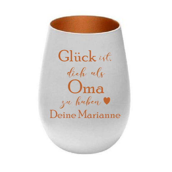 Glück ist dich als Oma zu haben mit Name personalisiert - Windlicht Glas weiss-bronze