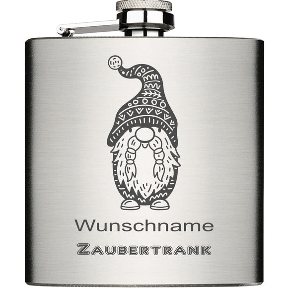 Gnome Zaubertrank mit Wunschname personalisiert Edelstahl Flachmann 6oz mit Lasergravur