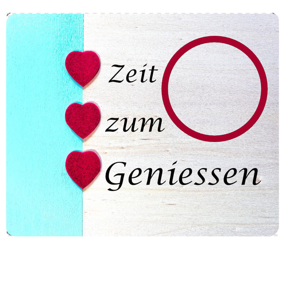 Mug Rug bedruckt mit 3 Herzen und Text Zeit zum Geniessen