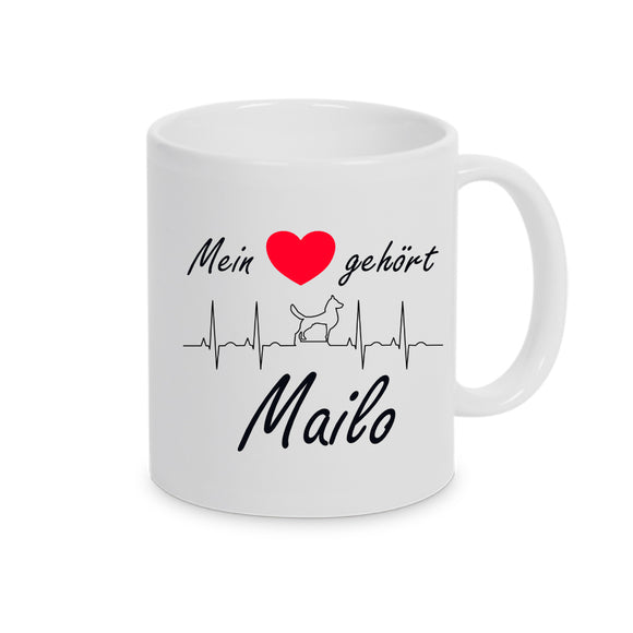 Tasse Weiß mit Text und Motiv Herzlinie mit Hund - Mein Herz gehört Mailo