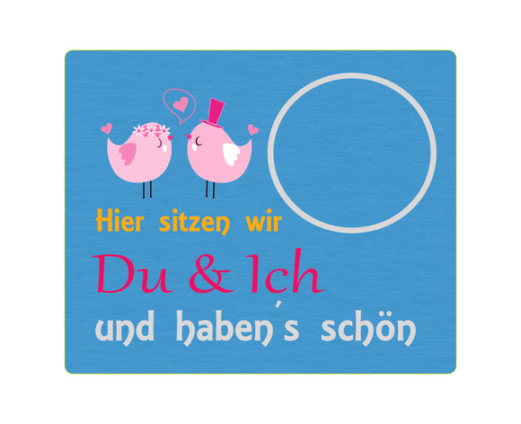 Mug Rug Untersetzer bedruckt mit Text Hier sitzen wir, du und ich, und haben´s schön mit Motiv Vogelpaar