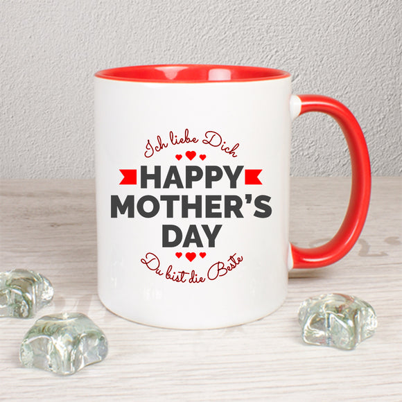 Tasse Weiß/Rot bedruckt mit Motiv Ich liebe Dich + Happy Mother's Day + Du bist die Beste