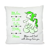 Personalisiertes Kuschelkissen mit Geburtsdaten Motiv Einhorn grün und Text Mom and Dad will always love you