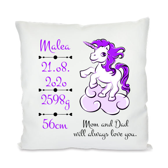 Personalisiertes Kuschelkissen mit Geburtsdaten Motiv Einhorn lila und Text Mom and Dad will always love you
