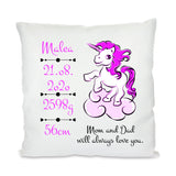 Personalisiertes Kuschelkissen mit Geburtsdaten Motiv Einhorn pink und Text Mom and Dad will always love you