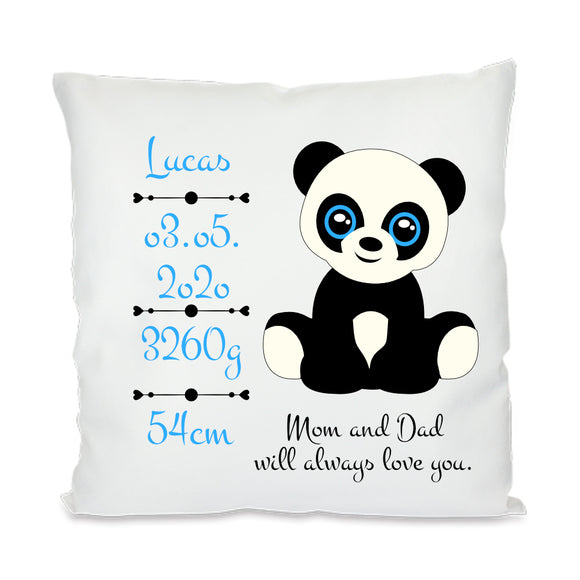 Personalisiertes Kuschelkissen mit Geburtsdaten Motiv Panda und Text Mom and Dad will always love you blau