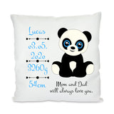 Personalisiertes Kuschelkissen mit Geburtsdaten Motiv Panda und Text Mom and Dad will always love you blau