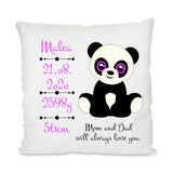 Personalisiertes Kuschelkissen mit Geburtsdaten Motiv Panda und Text Mom and Dad will always love you pink
