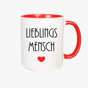 Tasse rot weiß mit Schriftzug Lieblingsmensch beidseitig