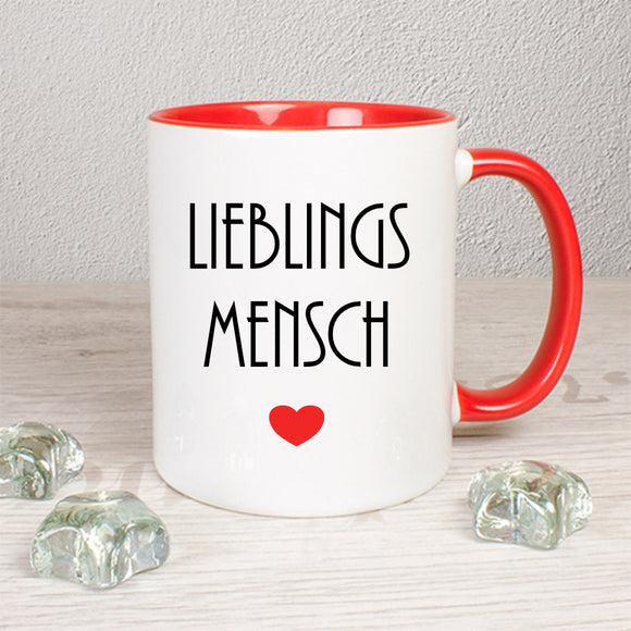 Tasse rot weiß mit Schriftzug Lieblingsmensch beidseitig