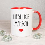 Tasse rot weiß mit Schriftzug Lieblingsmensch beidseitig