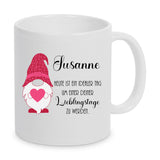 Weiße Tasse mit Gnome und Spruch Lieblingstag und personalisierbar mit Name