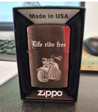 Chrome Brushed Original Zippo graviert mit Life ride free Motorrad und Wunschname