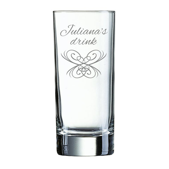 Personalisiertes Longdrinkglas mit Namen wie z.B. Juliana's drink mit schnörkel