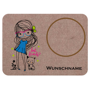 Cute Girl mit Katze Mugrug Untersetzer aus braunem Filz personalisierbar mit Name