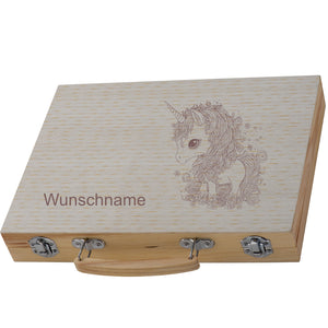 Großer befüllter Malkoffer aus Holz mit Gravur Einhorn und mit Name personalisierbar