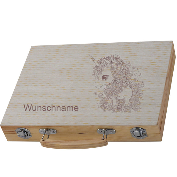 Großer befüllter Malkoffer aus Holz mit Gravur Einhorn und mit Name personalisierbar