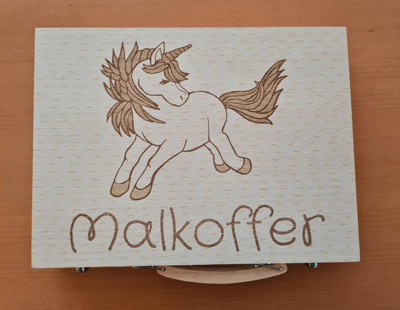 Großes Malset mit Gravur personalisiert mit Motiv Einhorn und Text Malkoffer