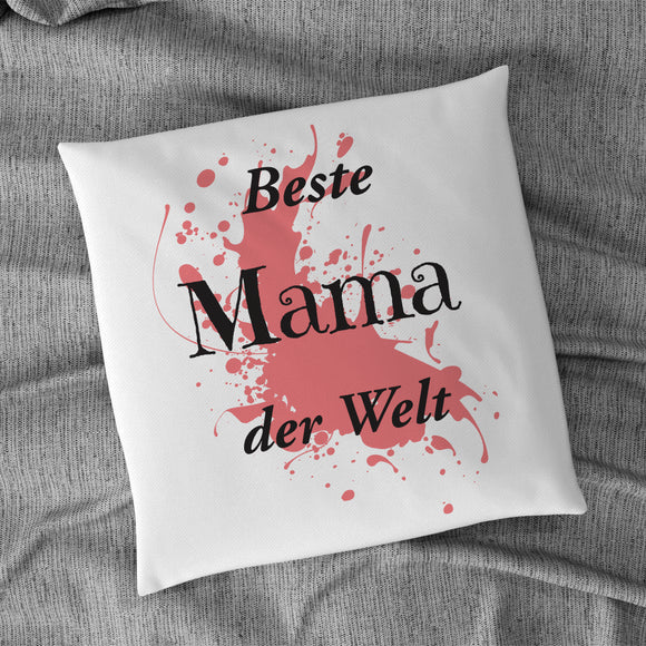 Satiniertes Kissen oder Kuschelkissen mit Reißverschluss bedruckt mit Motiv rot und Text beste Mama der Welt