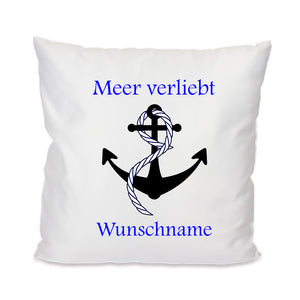 40x40cm Kissen bedruckt mit Meer verliebt, Anker und Wunschname