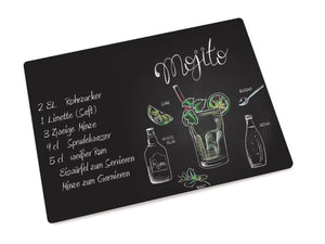 Glas-Schneidebrett mit Mojito abgebildet und Cocktail Rezept