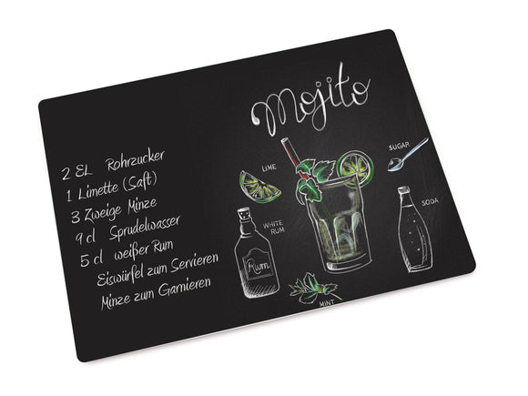 Glas-Schneidebrett mit Mojito abgebildet und Cocktail Rezept