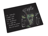 Glas-Schneidebrett mit Mojito abgebildet und Cocktail Rezept