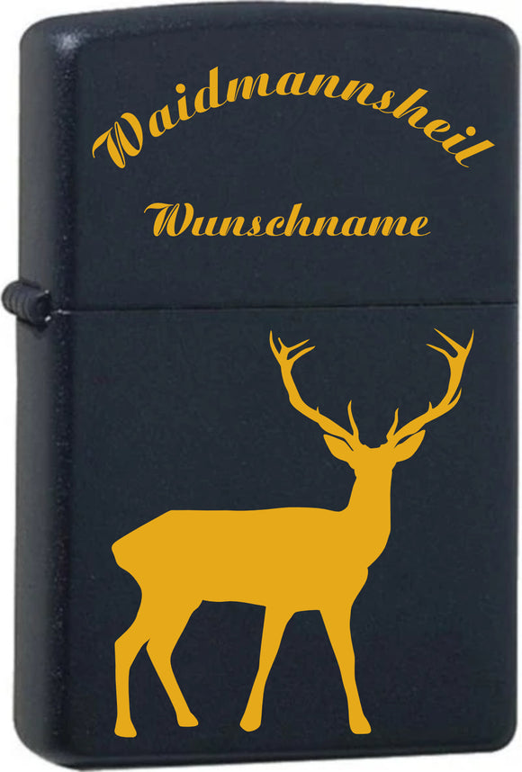 Hirsch mit Waidmannsheil und Name Black Matte mit Messing-Kern Original Zippo graviert