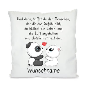 Und dann, triffst du den Menschen - Panda und Eisbär mit Herz 40x40cm Kissen mit Füllung personalisierbar