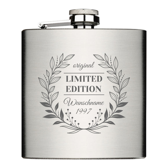 Limited Edition Original mit Lorbeerkranz - personalisierbarer Flachmann Chrome Brushed aus Edelstahl 6oz mit Lasergravur