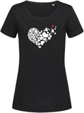 Weiße Herzen mit einem roten Herz bedruckt auf schwarzem Damen T-Shirt mir rundem Ausschnitt