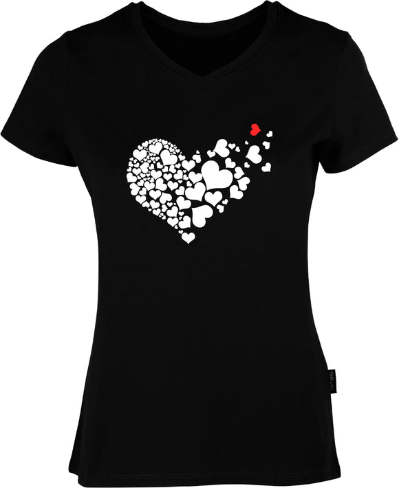 Weiße Herzen mit einem roten Herz bedruckt auf schwarzem Damen T-Shirt mit V-Ausschnitt