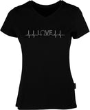 Herzline mit Love bedruckt auf schwarzem Damen T-Shirt/Top