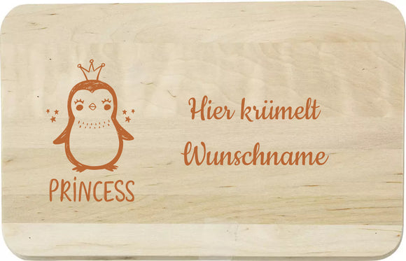 Pinguin Princessin - Hier krümelt Wunschname - Holz-Schneidebrett Birke graviert