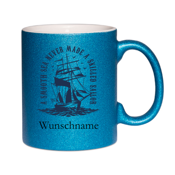Glitzer Tasse dunkelblau bedruckt mit Segelschiff und Wunschname