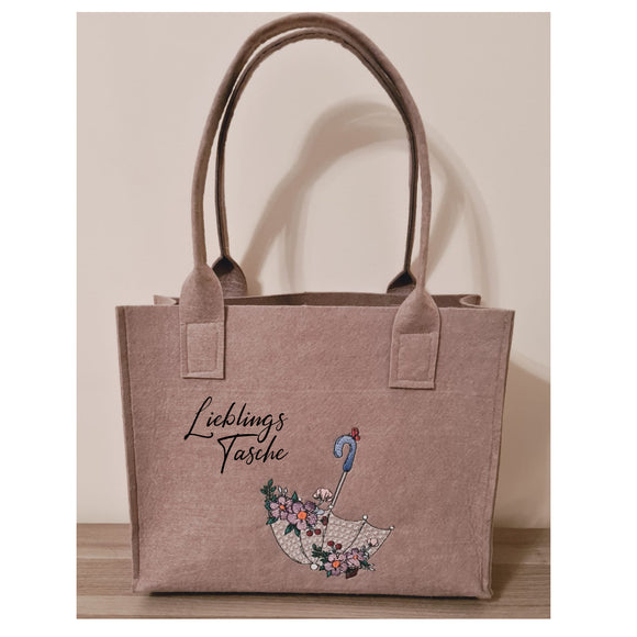 Schirm Blumen Filztasche Shopper handmade genäht und bestickt