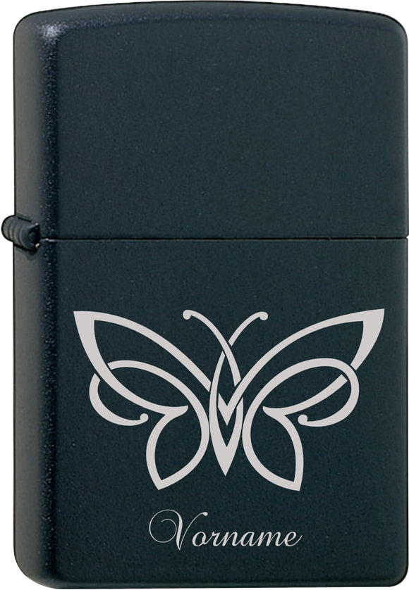 Schmetterling Butterfly + Wunschname Original Zippo Black Matt Gravur in silber