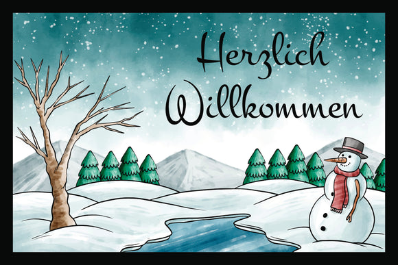 Schneemann im Schnee bei Teich mit Baum Herzlich Willkommen - Fußmatte