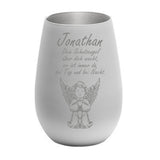 Windlicht graviert mit sitzendem Engel und Spruch: Dein Schutzengel über dich wacht, er ist immer da, bei Tag und bei Nacht. mit Namen personalisiert