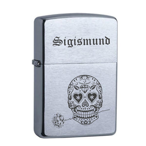 Totenkopf mit Rose + Vorname Chrome Brushed Original Zippo graviert