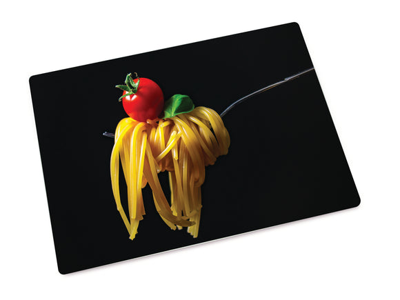 Sehr schönses Glas-Schneidebrett mit verschiedenen Küchen Motiven -  Spaghetti - Tomate - Gabel