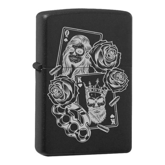 Spielkarten Königin König graviertes Zippo Black Matte mit Chrom-Kern