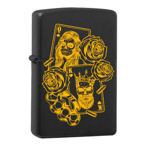 Spielkarten Königin König graviertes Zippo Black Matte mit Messing-Kern
