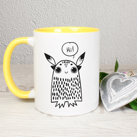 Tasse Weiß/Gelb Seite 1 bedruckt mit süßem Monster und das sagt: Hi!