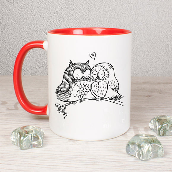 Tasse Weiß/Rot Seite 1 bedruckt mit Motiv: Zwei Eulen auf Ast