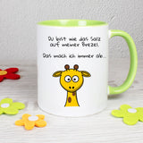 Tasse Weiß/Grün bedruckt mit Spruch: Du bist das Salz auf meiner Brezel. Das mach ich immer ab... - Motiv: Giraffe